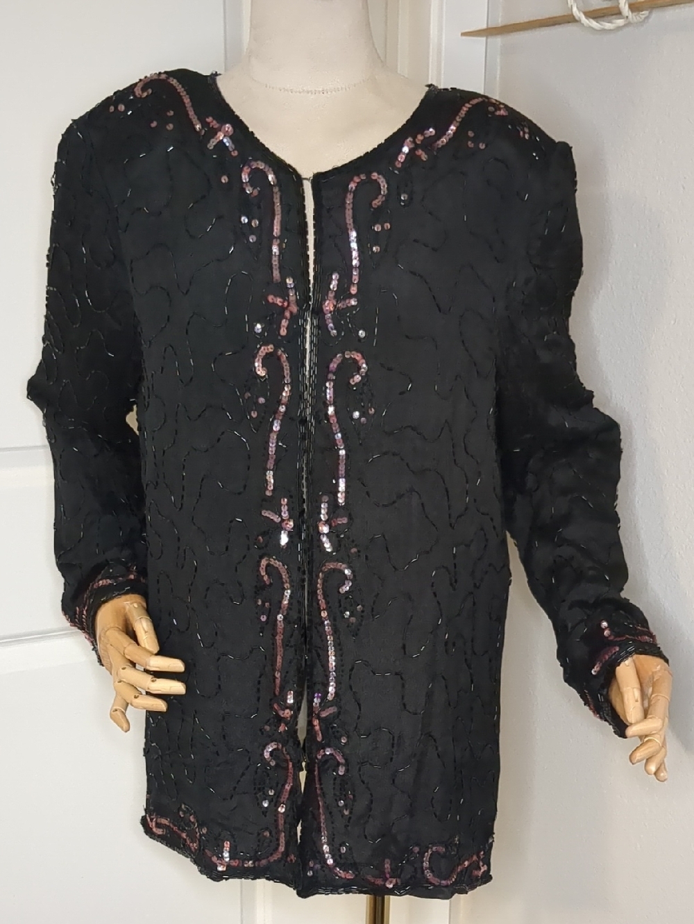 Vintage 80s Jessica Taylor Black Silk Beaded & Sequin Jacket Dressy Formal 1x